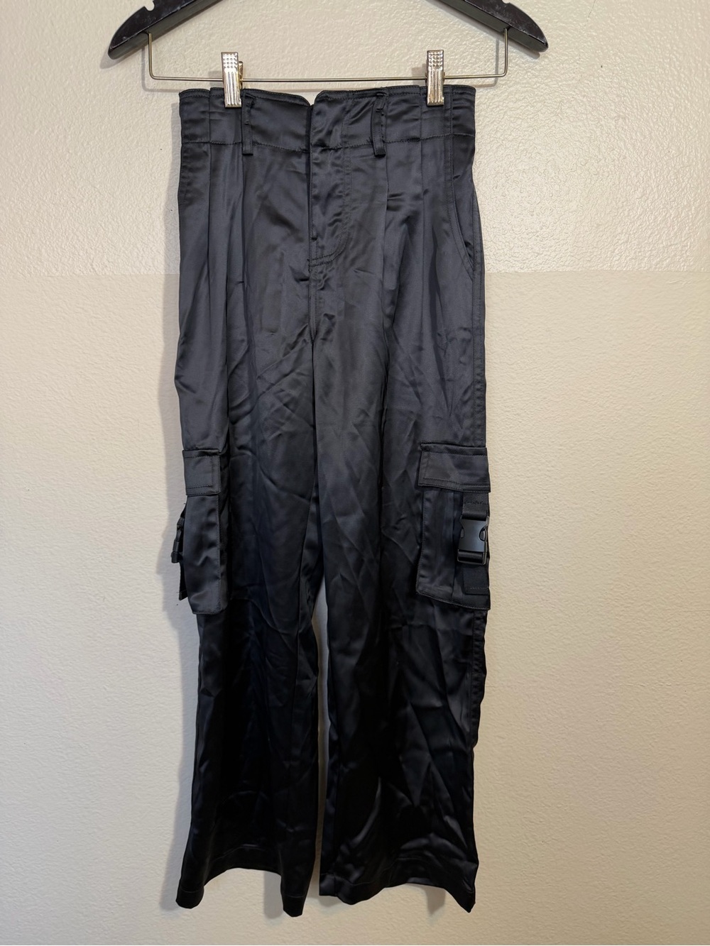 Girls Tractr shiny Black Cargo Wide-Leg Pants with tie belt